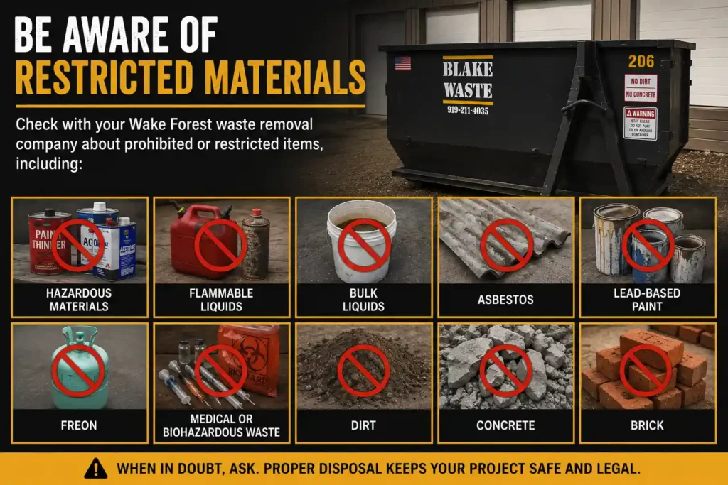 restricted materials in a wake forest dumpster rental