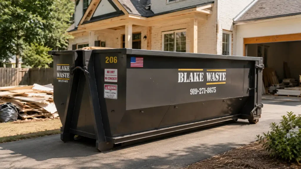 Roll off dumpster used for a home renovation project in Wake Forest