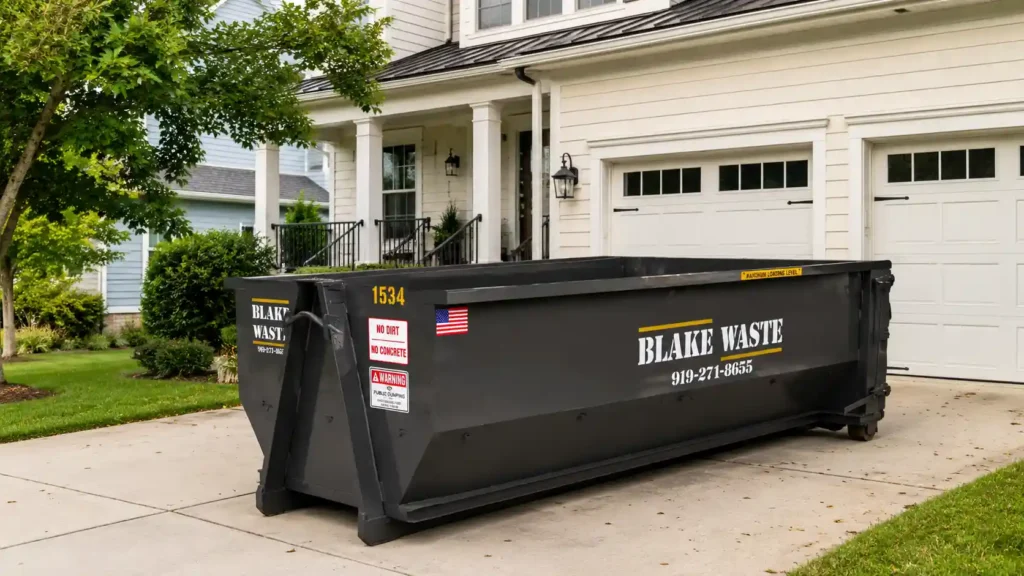 Blake Waste roll off dumpster rental in a Wake Forest residential driveway